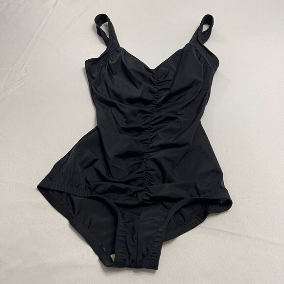LE COVE Solid Black One Piece VTG Swimsuit Rusched Up The Center Front Size 12 - Picture 1 of 7